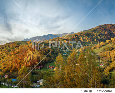 Autumn morning Carpathian Mountains calm picturesque scene, Ukraine. Peaceful traveling, seasonal, nature and countryside beauty concept scene. 99422808