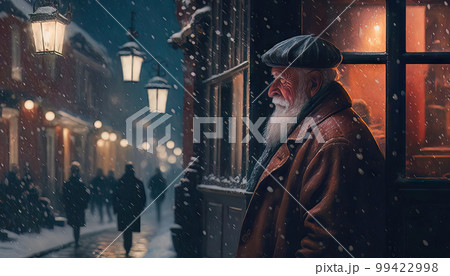 AI generated snowy village scene with twinkling lights in the windows and a warm glow emanating from the fireplace in each house 99422998