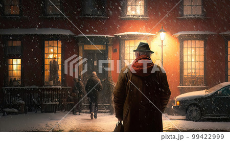AI generated snowy village scene with twinkling lights in the windows and a warm glow emanating from the fireplace in each house 99422999