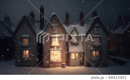 AI generated snowy village scene with twinkling lights in the windows and a warm glow emanating from the fireplace in each house AI generated snowy village scene with twinkling lights in the windows and a warm glow emanating from the fireplace in each house 99423001