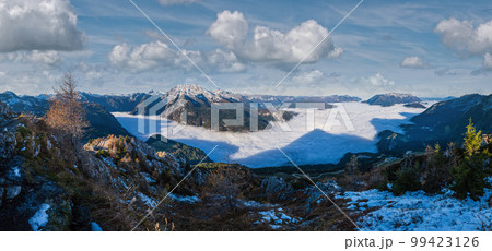 Autumn Alps mountain misty morning view from Jenner Viewing Platform, Schonau am Konigssee, Berchtesgaden national park, Bavaria, Germany. Autumn Alps mountain misty morning view from Jenner Viewing Platform, Schonau am Konigssee, Berchtesgaden national park, Bavaria, Germany. 99423126