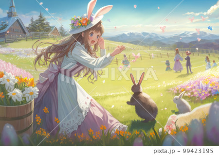 イースターを楽しむ女の子とうさぎのイラスト素材 [99423195