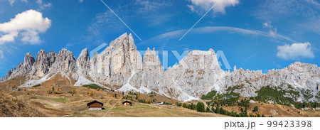 Autumn alpine Dolomites rocky mountain scene, Sudtirol, Italy. Peaceful view near Gardena Pass. Autumn alpine Dolomites rocky mountain scene, Sudtirol, Italy. Peaceful view near Gardena Pass. 99423398