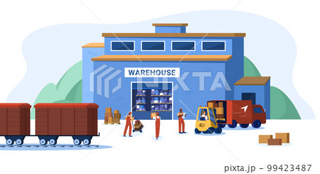 Flat warehouse logistics building with cargo transport, workers and cardboard boxes 99423487