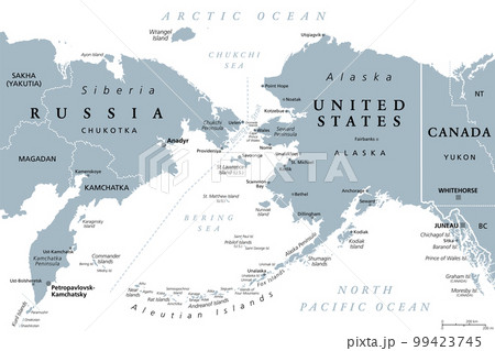 Russia and United States, maritime boundary, gray political map. The Chukchi Peninsula of Russian Far East, and Seward Peninsula of Alaska, separated by Bering Strait between Pacific and Arctic Ocean. Russia and United States, maritime boundary, gray political map. The Chukchi Peninsula of Russian Far East, and Seward Peninsula of Alaska, separated by Bering Strait between Pacific and Arctic Ocean. 99423745