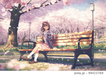 桜とベンチに座る女子 桜とベンチに座る女子 99423769