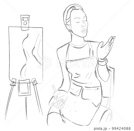 Woman painter inspiration muse working on her art Vector line arts Woman painter inspiration muse working on her art Vector line arts 99424088