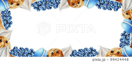 Watercolor frame with biscuits, meringue, marshmallows, blueberry tartlet, macaroons. Hand painting sweet on a white isolated background. For designers, menu, shop, bar, bistro, restaurant, for 99424448