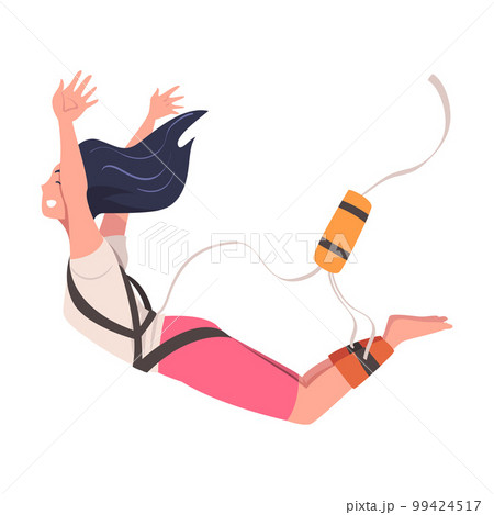 Bungee Jumping with Woman Character Free Falling Down from Great Height Connected to Elastic Cord Vector Illustration 99424517