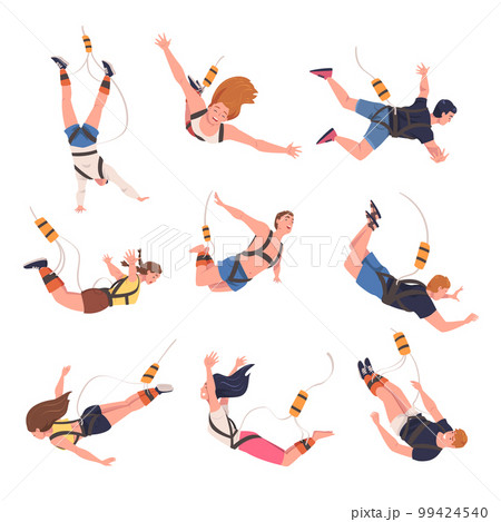 Bungee Jumping with People Character Free Falling Down from Great Height Connected to Elastic Cord Vector Set 99424540