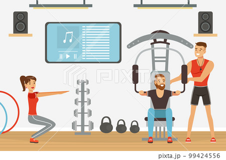 Brutal Man Sports Coach Giving Instruction and Training in Gym Vector Illustration 99424556
