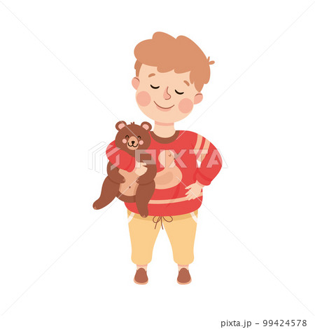 Little Boy Character in Red Sweater Standing with Stuffed Teddy Bear Toy Vector Illustration 99424578
