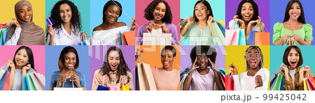 Happy Customers. Portraits Of Cheerful Multiethnic Women With Shopping Bags In Hands Happy Customers. Portraits Of Cheerful Multiethnic Women With Shopping Bags In Hands 99425042