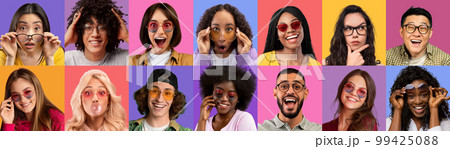 Mosaic of multiracial men and women in eyeglasses, collage Mosaic of multiracial men and women in eyeglasses, collage 99425088