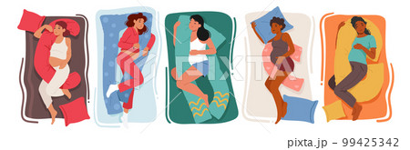 Set of Expectant Mother Characters Sleeping Soundly With Specialized Pregnancy Cushion To Ensure Comfortable Rest 99425342