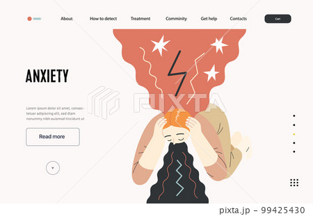 Mental disorders web template. Anxiety- modern flat vector illustration of a woman vomiting, meeting with a stress experience- burst, explosion. People emotional, psychological, mental traumas concept 99425430