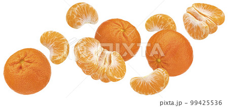 Falling mandarin orange fruits isolated on white background, collection 99425536