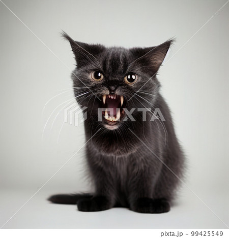 Angry black cat, black cat bared its fangs, isolated on white, close-up Angry black cat, black cat bared its fangs, isolated on white, close-up 99425549