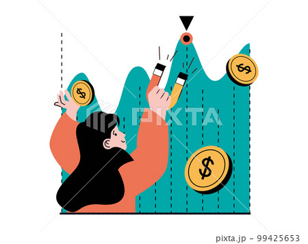 Stock trading concept with character situation. Woman analyzes financial chart and attracts positive trend with magnet to increases income. Vector illustration with people scene in flat design for web 99425653