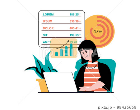 Stock trading concept with character situation. Woman earning money, analyzes data and has successful financial strategy on exchange. Vector illustration with people scene in flat design for web 99425659