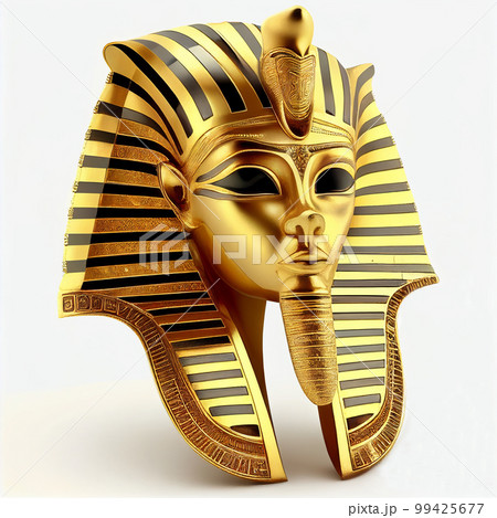 Antique retro gold mask of egyptian pharaoh isolated on white closeup, ancient element of egyptian pyramids Antique retro gold mask of egyptian pharaoh isolated on white closeup, ancient element of egyptian pyramids 99425677