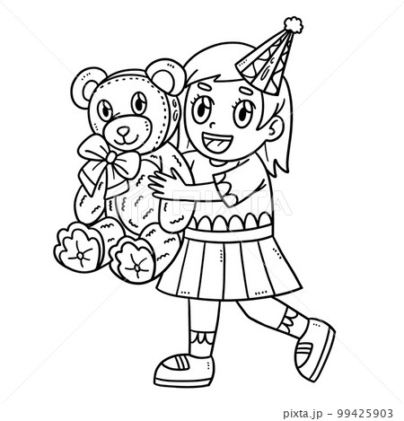 Birthday Girl Holding Teddy Bear Isolated Coloring 99425903