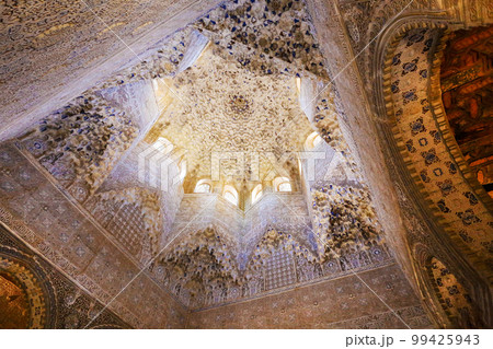 Fantastic  Dome of the Abenserrach Hall of complex  Palace of the Lions in Alhambra ( Moorish art of 15th century) 99425943