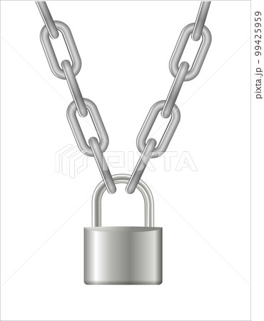 Padlock and chain. Gray metal chain and padlock, handcuffed card, vector 99425959