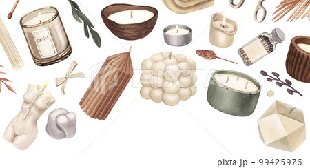Watercolor frame of modern scented candles of soy and coconut wax, essential oils, craft trendy candles. Hand-drawn illustration isolated on white background for aromatherapy, hygge home, meditation 99425976