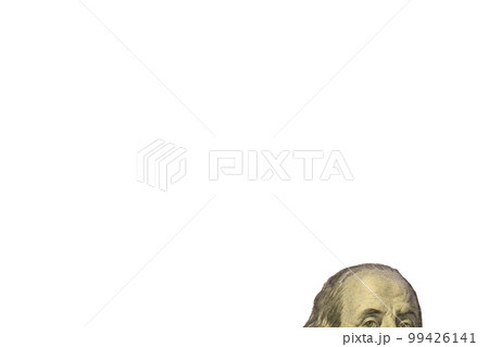 Isolated Ben Franklin face closeup from hundred dollar bank note USD, isolated on white background with clipping path. Copy space, high quality photo 99426141