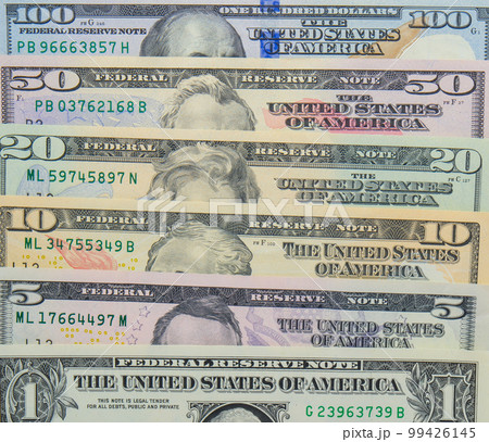 Background top view layout of modern USD currency, banknotes 1, 5, 10, 20, 50, 100. High quality photo 99426145