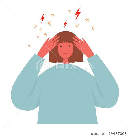 Unhappy sad girl with bad mood, suffering from grief, soul hurt, offense, sorrow and other negative psychological states and problems. Colored flat vector illustration isolated on white 99427003