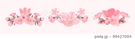 Cherry blossom bunch bouquet frame border corner flat set. Floral spring pink sakura flower delicate element design card invitation gift love holiday decor sticker japan china style seasonal isolated 99427004