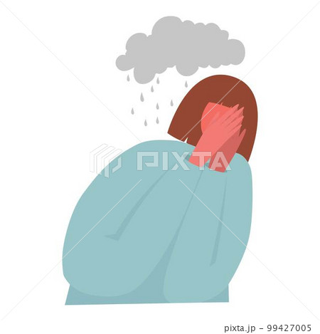 Unhappy sad girl with bad mood, suffering from grief, soul hurt, offense, sorrow and other negative psychological states and problems. Colored flat vector illustration isolated on white 99427005
