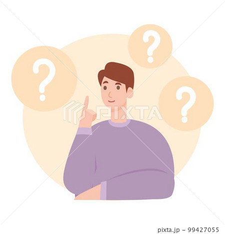 Choice between two or more options. Dilemma concept. Puzzled questioned man doubting, deciding, choosing, comparing alternatives, risks. Flat graphic vector illustration isolated on white background Choice between two or more options. Dilemma concept. Puzzled questioned man doubting, deciding, choosing, comparing alternatives, risks. Flat graphic vector illustration isolated on white background 99427055