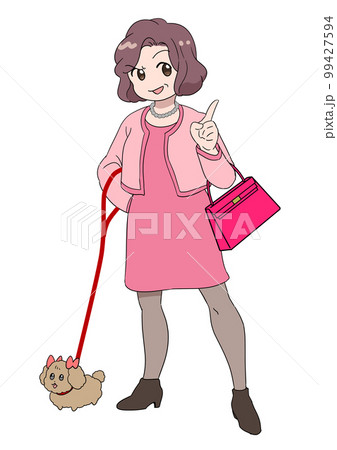 犬の散歩をする派手な服装の中年女性 お金持ちのおばさん 犬の散歩をする派手な服装の中年女性 お金持ちのおばさん 99427594