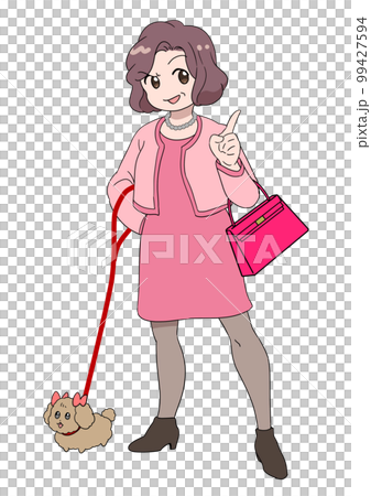 犬の散歩をする派手な服装の中年女性 お金持ちのおばさん 犬の散歩をする派手な服装の中年女性 お金持ちのおばさん 99427594