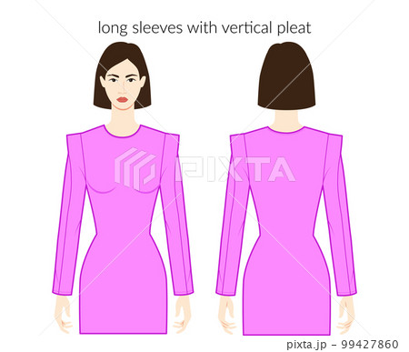 Vertical pleat sleeves long length clothes lady in magenta top, shirt, dress technical fashion illustration, fitted body 99427860