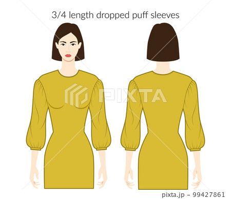 Dropped puff sleeves clothes character lady in ochre top, shirt, dress technical fashion illustration with 3-4 bracelet Dropped puff sleeves clothes character lady in ochre top, shirt, dress technical fashion illustration with 3-4 bracelet 99427861