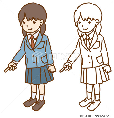 指で下（地面）を指し示す女子学生のベクターイラスト ブレザーの制服 99428721