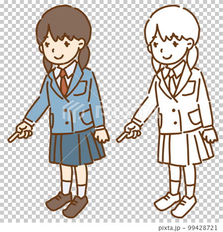 指で下（地面）を指し示す女子学生のベクターイラスト ブレザーの制服 99428721