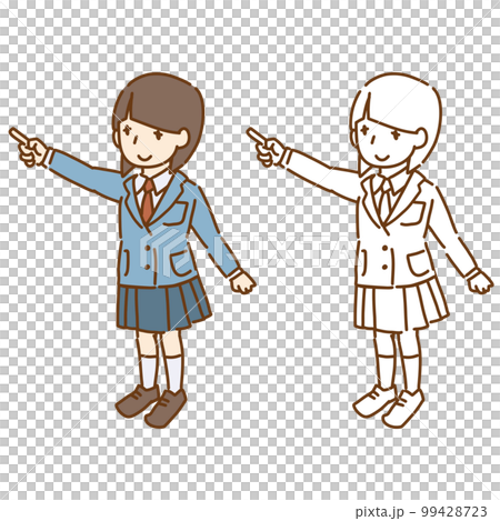 指で上を指し示す女子学生のベクターイラスト ブレザーの制服 パッツン前髪 99428723