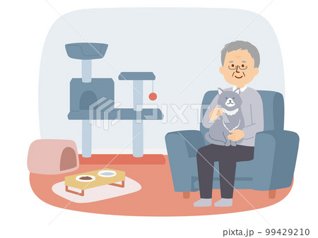 ネコを飼うシニア男性のイラスト 99429210