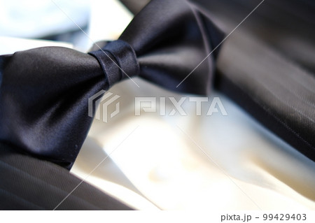 紺色ストライプジャケットに白シャツと紺色ボウタイ 99429403