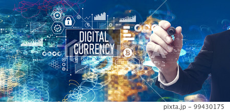 Digital currency theme with businessman in a bokeh neon light trails city background Digital currency theme with businessman in a bokeh neon light trails city background 99430175
