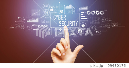 Cyber security theme with hand pressing a button Cyber security theme with hand pressing a button 99430176