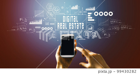 Digital Real Estate concept with hand pressing a button Digital Real Estate concept with hand pressing a button 99430282