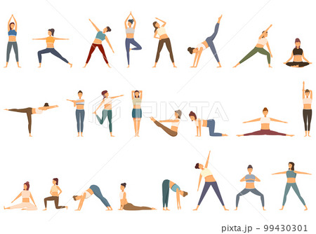 Stretching icons set cartoon vector. Yoga pilates. Woman flexible 99430301