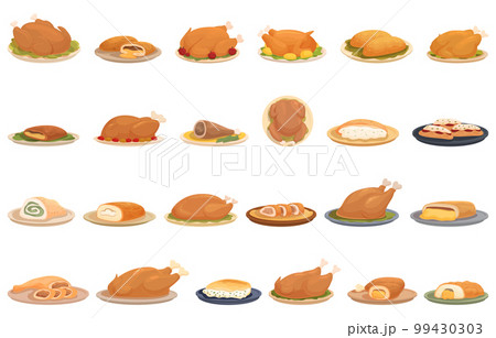 Stuffed chicken icons set cartoon vector. Roast duck. Food family 99430303