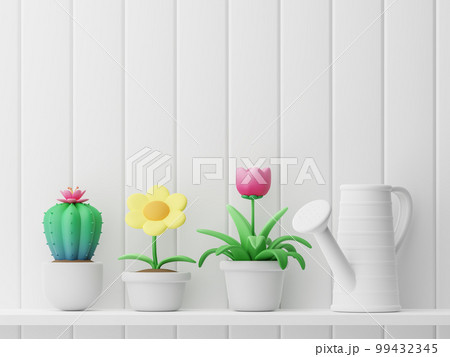 Cute cartoon style empty plank wall decorated with colorful small plants 3D render Cute cartoon style empty plank wall decorated with colorful small plants 3D render 99432345